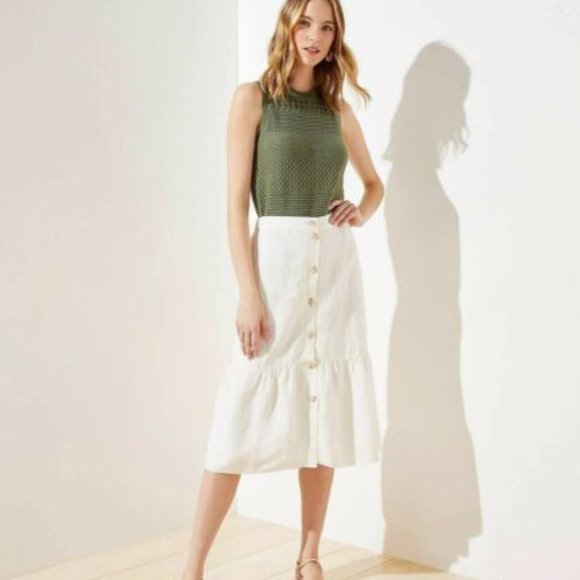 LOFT Dresses & Skirts - NWOT LOFT White Button Front Flounce Linen Midi Skirt NWOT